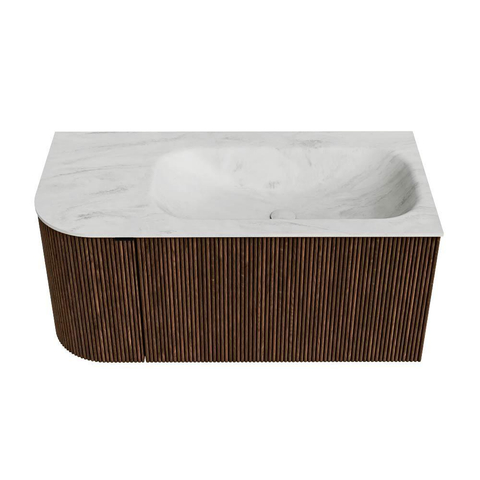 MONDIAZ KURVE-DLUX 95cm badmeubel met module 25 L kleur Walnut met 1 lade en 1 deur. Wastafel BIG SMALL rechts 1 kraangat kleur Opalo. SW1137617