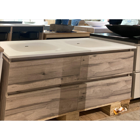 BRAUER Solution Wastafelonderkast - 140x46x50cm - 4 softclose greeploze lades - 2 sifonuitsparing - MFC - Birch inclusief Saniclass flow wastafel mat wit. - OUTLET UDEN STORE34115
