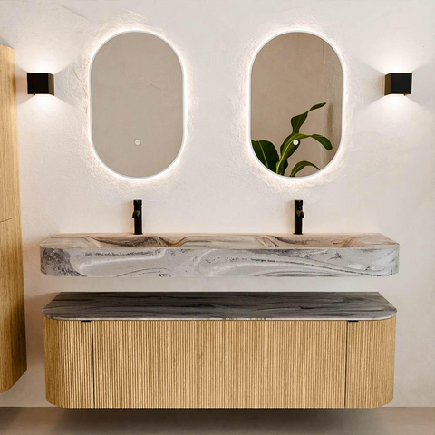 MONDIAZ THOR-DLUX 160cm meuble de salle de bains arrondi gauche + droite couleur Chêne avec 1 tiroir et 2 portes. Vasque suspendue CLOUD Double 2 trous de robinet couleur Sombra. SW1465370
