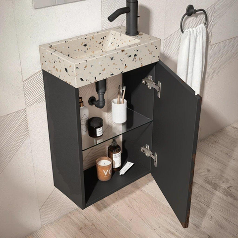 Saniclass Chaci Toiletmeubelset - 40x65cm - 1 deur - 1 kraangat - rechts - fontein terrazzo - mat zwart SW1482368