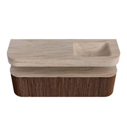 MONDIAZ THOR-DLUX 150cm badmeubel ronding links + rechts kleur Walnut met 1 lade en 2 deuren. Vrijhangende wastafel CLOUD Rechts 1 kraangat kleur Saba. SW1464887