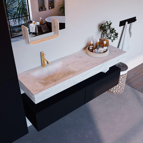 Mondiaz ALAN-DLUX Ensemble de meuble - 150cm - meuble Urban mat - 2 tiroirs - Lavabo Cloud Opalo suspendu - vasque Gauche - 1 trou de robinet SW806506