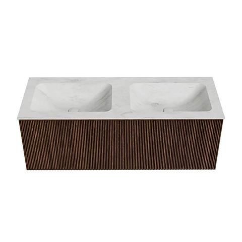 MONDIAZ KURVE-DLUX 120cm badmeubel kleur Walnut met 1 lade. Wastafel LEAF dubbel 2 kraangaten kleur Opalo. SW1137657