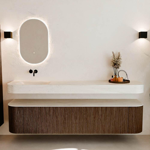 MONDIAZ THOR-DLUX 200cm meuble de salle de bains arrondi gauche + droite couleur Walnut avec 2 tiroirs et 2 portes. Vasque suspendue CLOUD Gauche sans trou de robinet couleur Meli. SW1467106