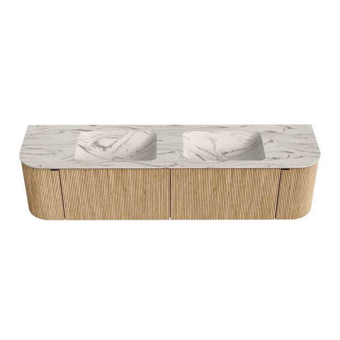 MONDIAZ KURVE-DLUX 180cm badmeubel ronding Links + Rechts kleur Oak met 2 lades en 2 deuren. Wastafel LEAF Dubbel 2 kraangaten Nata. SW1432134
