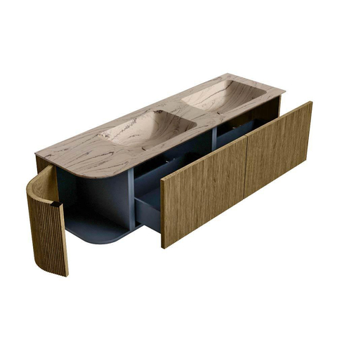 MONDIAZ KURVE-DLUX Meuble de salle de bains 155cm arrondi à gauche couleur Dusk avec 2 tiroirs et 1 porte. Lavabo LEAF Double / Droite 2 trous de robinet Arena. SW1431423