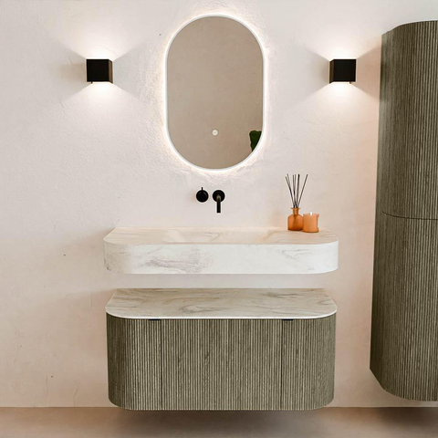 MONDIAZ THOR-DLUX Meuble de salle de bains - 100cm - arrondi gauche + droite - couleur Shadow - 1 tiroir - 2 portes - Vasque suspendue CLOUD Milieu sans trou de robinet - couleur Ostra SW1467524