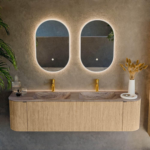 MONDIAZ KURVE-DLUX meuble de salle de bains 170cm arrondi gauche + droite couleur Oak avec 1 tiroir et 2 portes. Plan-vasque LEAF double 2 trous de robinet Oza. SW1432675