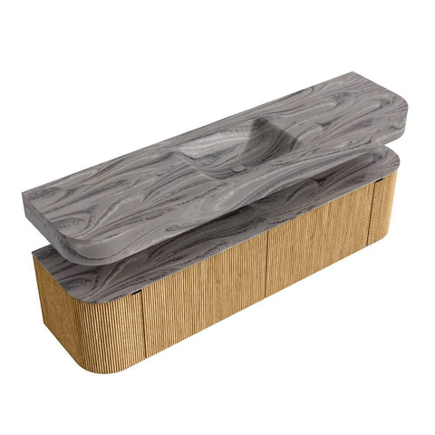 MONDIAZ THOR-DLUX 180cm meuble de salle de bains arrondi gauche + droite couleur Oak avec 2 tiroirs et 2 portes. Vasque suspendue CLOUD Milieu 1 trou de robinet couleur Sombra. SW1466267