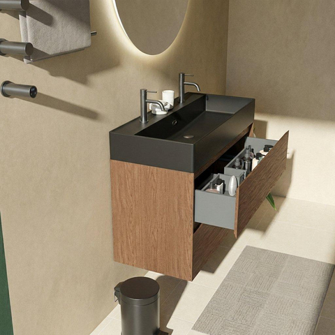 Saniclass Holz Pure Badkamermeubelset - 100x45x72cm - Legend keramische wastafel mat zwart - 1 wasbak - 2 kraangaten - 2 lades - mat walnut pure (hout) SW1580191