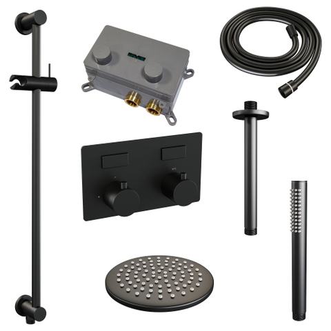 BRAUER Black Edition Thermostatische Regendouche inbouw - drukknoppen - SET 65 - 20cm hoofddouche - plafondarm - staaf handdouche - doucheslang - geïntegreerde glijstang - zwart mat SW925431