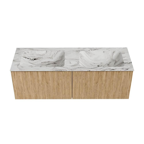 MONDIAZ KURVE-DLUX Meuble de salle de bains 130cm couleur Oak avec 2 tiroirs. Lavabo LEAF double sans trou de robinet couleur Glace. SW1137982