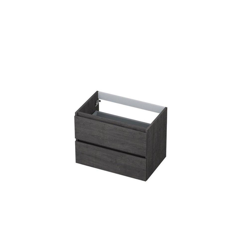 INK Momento wastafel - 140x45x9cm - 2 wasbakken - 2 kraangaten - Quartz zwart met 2x Wastafelonderkast - 70x45x52cm - 2 lades - greeploos - met houten keerlijst - MFC - oergrijs + 2x clickplug quartz zwart SHOWROOMMODEL SHOW25883