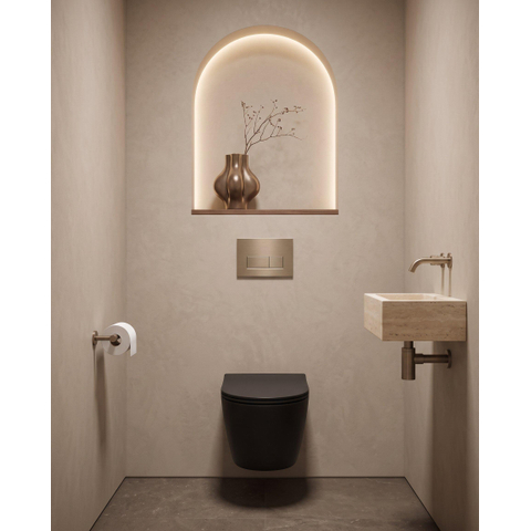 QeramiQ Dely Toiletset - 36.3x51.7cm - Geberit UP720 inbouwreservoir - rimless - diepspoel - 35mm zitting - softclose - bedieningsplaat geborsteld messing - rechthoekige knoppen - mat zwart SW1427987