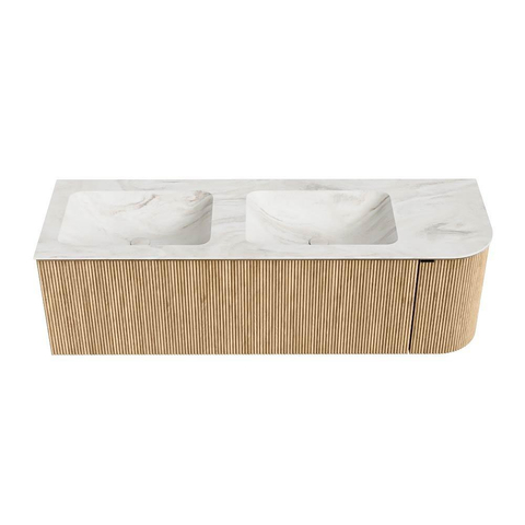 MONDIAZ KURVE-DLUX Meuble de salle de bains 145 cm avec module 25 R couleur Chêne avec 1 tiroir et 1 porte. Lavabo LEAF double / gauche 2 trous de robinet couleur Ostra. SW1137773