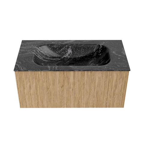 MONDIAZ KURVE-DLUX Meuble de salle de bains 90 cm couleur Oak avec 1 tiroir. Lavabo BIG SMALL central sans trou de robinet couleur Lava. SW1138141