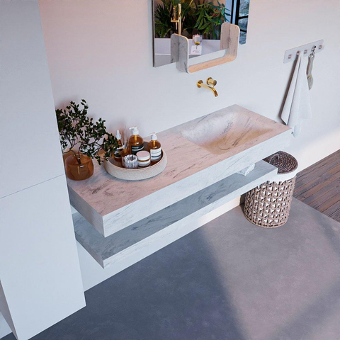 Mondiaz ALAN-DLUX Ensemble de meuble - 130cm - meuble Opalo mat - 0 tiroirs - Lavabo Cloud Opalo suspendu - vasque Droite - 0 trous de robinet SW809325