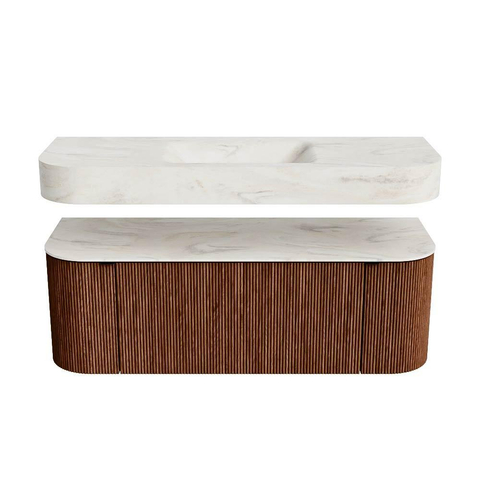 MONDIAZ THOR-DLUX 130cm meuble de salle de bains arrondi gauche + droite couleur Ruby avec 1 tiroir et 2 portes. Vasque suspendue CLOUD Milieu sans trou de robinet couleur Ostra. SW1463718