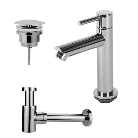 Fortifura Calvi Fonteinkraanset - staande fonteinkraan - laag - always open plug - design - sifon - hoogglans chroom SW798599