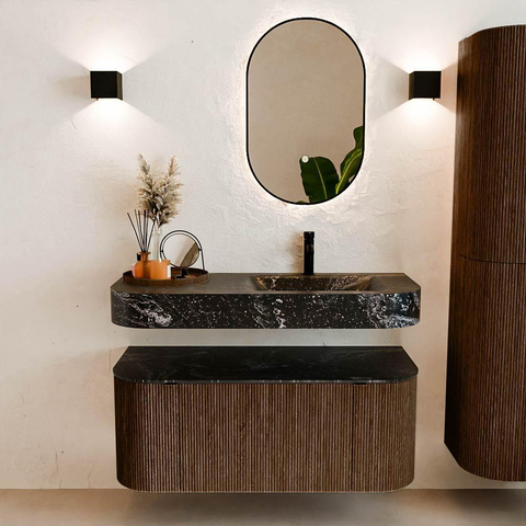 MONDIAZ THOR-DLUX 110cm badmeubel ronding links + rechts kleur Walnut met 1 lade en 2 deuren. Vrijhangende wastafel CLOUD Rechts 1 kraangat kleur Lava. SW1462763