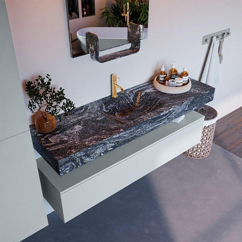 Mondiaz ALAN-DLUX Ensemble de meuble - 150cm - meuble Clay mat - 1 tiroir - Lavabo Cloud Lava suspendu - vasque Centre - 1 trou de robinet SW808551
