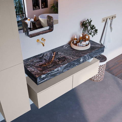 Mondiaz ALAN-DLUX Ensemble de meuble - 130cm - meuble Linen mat - 2 tiroirs - Lavabo Cloud Lava suspendu - vasque Gauche - 0 trous de robinet SW808233