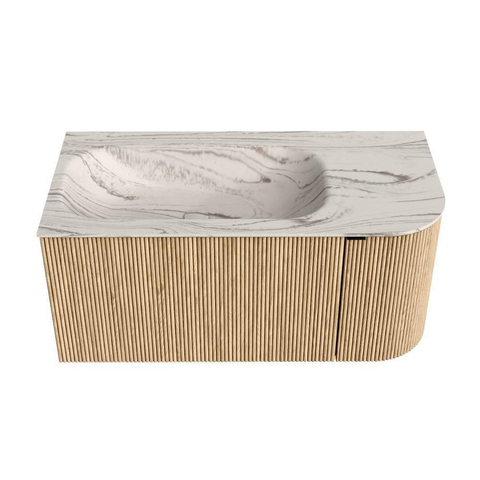 MONDIAZ KURVE-DLUX 95cm badmeubel ronding Rechts kleur Oak met 1 lade en 1 deur. Wastafel BIG SMALL Links 1 kraangat Nata. SW1432074