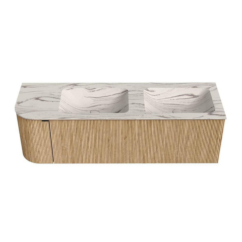 MONDIAZ KURVE-DLUX Meuble de salle de bains 145cm arrondi à gauche couleur Oak avec 1 tiroir et 1 porte. Lavabo LEAF Double / Robinetterie à droite sans trou de robinet Nata. SW1432113