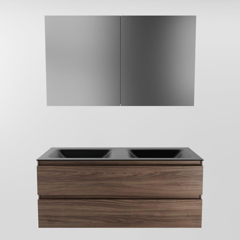 Mondiaz Aivy badmeubelset - 120x45x50cm - 0 kraangaten - 2 wasbakken urban Solid surface - Links en rechts - 2 lades - Met spiegelkast - Melamine Mocha SW892148