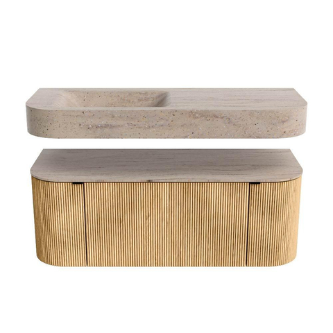 MONDIAZ THOR-DLUX 120cm badmeubel ronding links + rechts kleur Oak met 1 lade en 2 deuren. Vrijhangende wastafel CLOUD Links 1 kraangat kleur Saba. SW1463452