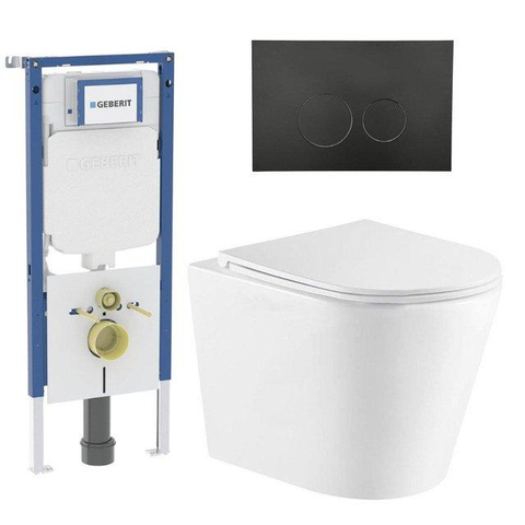 QeramiQ Dely Toiletset - 36.3x51.7cm - diepspoel - rimless - Geberit UP720 inbouwreservoir - softclose toiletzitting - mat zwarte bedieningsplaat - ronde knoppen - met Burda frame - mat wit SW1428768