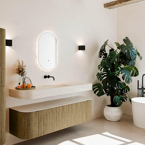 MONDIAZ THOR-DLUX 160cm meuble de salle de bains arrondi gauche + droite couleur Dusk avec 1 tiroir et 2 portes. Vasque suspendue CLOUD Centre sans trou de robinet couleur Meli. SW1465170