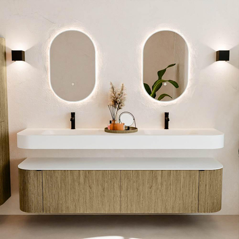 MONDIAZ THOR Meuble de salle de bains - 190cm - arrondi gauche + droite - couleur Dusk - 2 tiroirs et 2 portes - Lavabo suspendu CLOUD Double 2 trous de robinet - couleur Talc SW1466449