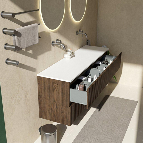 Saniclass Holz Atelier Badkamermeubelset - 160x45x77.5cm - Torino solid surface wastafel wit - zonder kraangat - 4 lades - mat eiken charcoal (hout) SW1478686