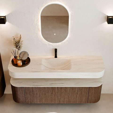 MONDIAZ THOR-DLUX 160cm meuble de salle de bains arrondi gauche + droite couleur Walnut avec 1 tiroir et 2 portes. Vasque suspendue CLOUD Milieu 1 trou de robinet couleur Meli. SW1465159