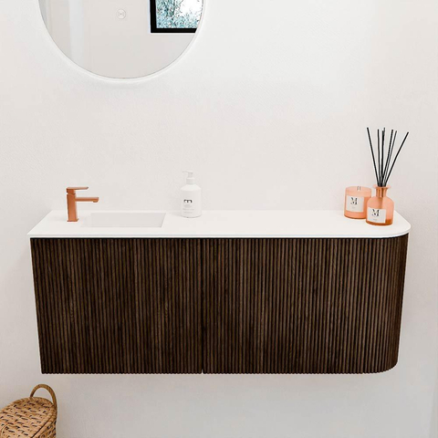 Mondiaz JOYA 101.6cm toiletmeubel - ronding rechts kleur Walnut - Wastafel FAYE positie Links 1 kraangat kleur Talc. SW1421279
