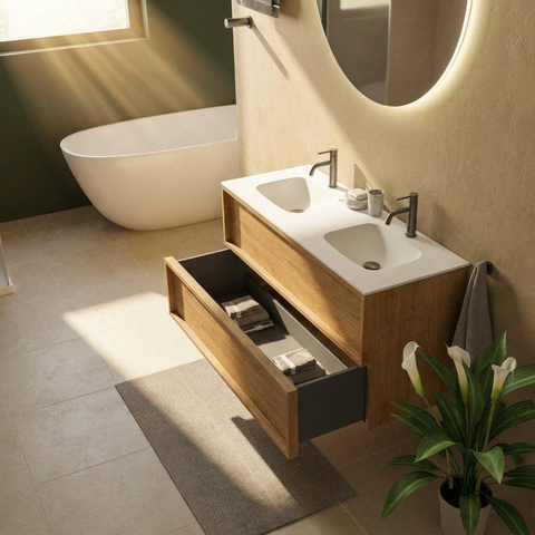Saniclass Holz Frame Ensemble de meubles de salle de bains - 120x45x61.5cm - Flow lavabo en solid surface blanc - 2 vasques - 2 trous de robinet - 2 tiroirs - chêne natural mat (bois) SW1579785