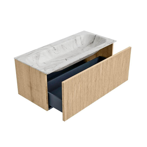 MONDIAZ KURVE-DLUX Meuble de salle de bains 100cm couleur Oak avec 1 tiroir. Lavabo BIG MEDIUM central sans trou de robinet couleur Glace. SW1137977