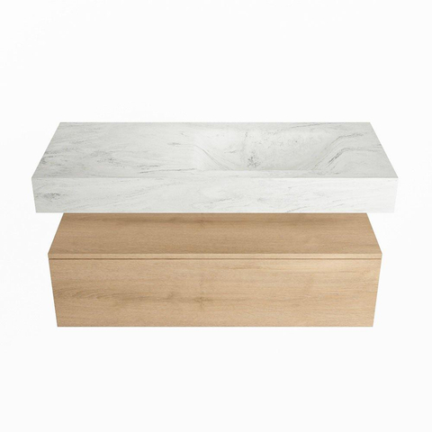 Mondiaz ALAN-DLUX Ensemble de meuble - 110cm - meuble Washed Oak mat - 1 tiroir - Lavabo Cloud Opalo suspendu - vasque Droite - 0 trous de robinet SW808661