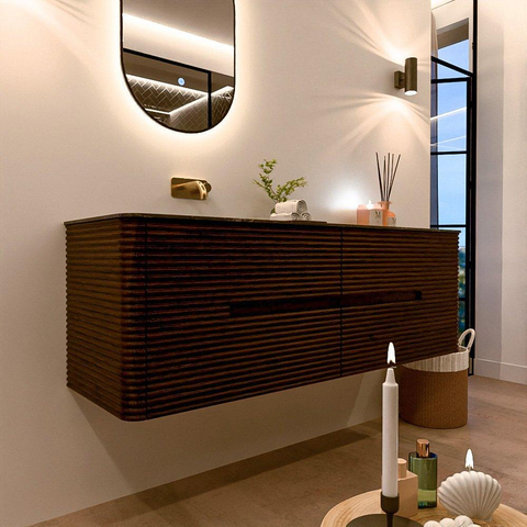 Mondiaz CIRO-DLUX Meuble de salle de bains - 150x45x50cm - lavabo solid surface Lava - 1 vasque à gauche - sans trous de robinetterie - 4 tiroirs - Noyer SW1530174