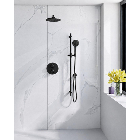 Fortifura Calvi Inbouw Regendoucheset - rond - thermostatisch - wandarm - glijstang - 25cm - hoofddouche - handdouche rond - metalen doucheslang - PVD - geborsteld gunmetal (antraciet) SW1244941