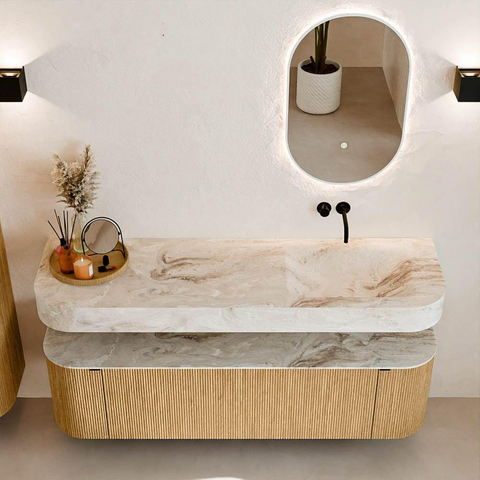 MONDIAZ THOR-DLUX 160cm badmeubel ronding links + rechts kleur Oak met 1 lade en 2 deuren. Vrijhangende wastafel CLOUD Rechts zonder kraangat kleur Frappe. SW1464941