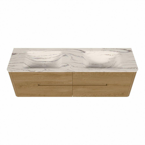 Mondiaz CIRO-DLUX Meuble de salle de bains - 160x45x50cm - Plan-vasque solid surface Nata - 2 lavabos Double - sans trous pour robinet - 4 tiroirs - Chêne SW1531481
