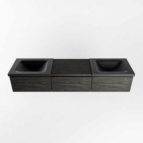 MONDIAZ BUKLA meuble de salle de bain 180 cm avec module 60 couleur Marron Foncé avec 3 tiroirs. Lavabo CLOUD double 0 trou de robinet couleur Urban. SW1382180