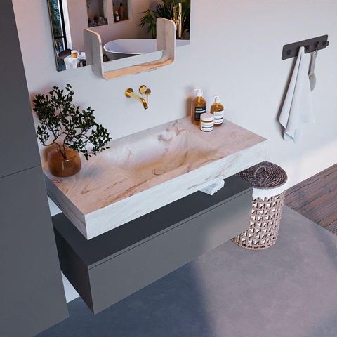 Mondiaz ALAN-DLUX Ensemble de meuble - 100cm - meuble Plata mat - 1 tiroir - Lavabo Cloud Frappe suspendu - vasque Centre - 0 trous de robinet SW805554