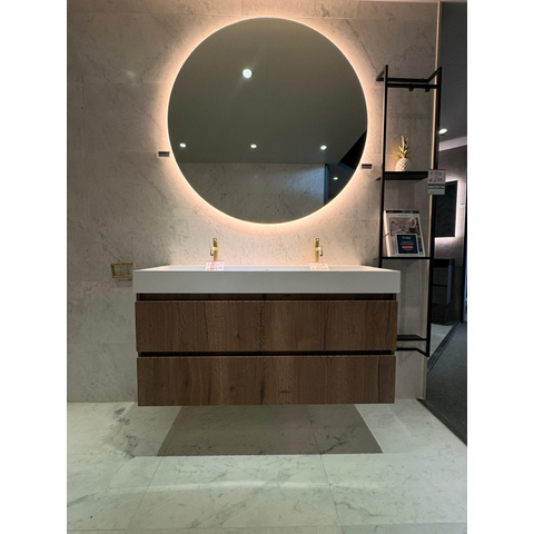 Proline polystone Loft wastafel met 2 kraangaten en onderkast symmetrisch gefreesd 120x46x62cm Terra oak/Glans wit SHOWROOMMODEL SHOW26676