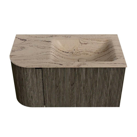 MONDIAZ KURVE-DLUX Meuble de salle de bains 85 cm arrondi à gauche couleur Shadow avec 1 tiroir et 1 porte. Lavabo CLOUD à droite 1 trou de robinet Arena. SW1431275