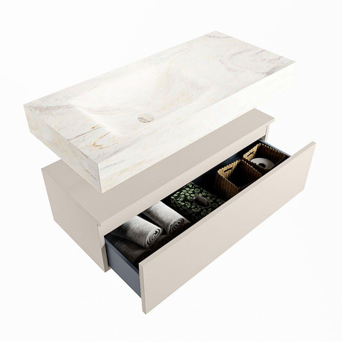 Mondiaz ALAN-DLUX Ensemble de meuble - 100cm - meuble Linen mat - 1 tiroir - Lavabo Cloud Ostra suspendu - vasque gauche - 1 trou de robinet SW807476
