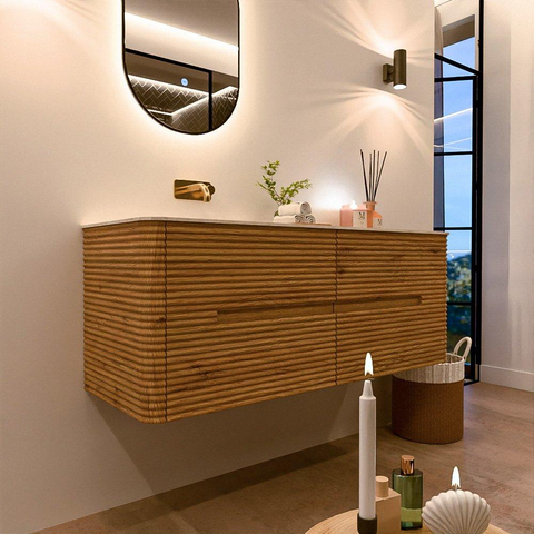 Mondiaz CIRO-DLUX Meuble de salle de bains - 130x45x50cm - Plan-vasque en solid surface Ostra - 1 vasque à gauche - sans trous de robinet - 4 tiroirs - Chêne SW1530921