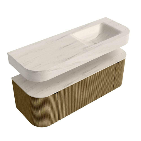 MONDIAZ THOR-DLUX 130cm meuble de salle de bains arrondi gauche + droite couleur Dusk avec 1 tiroir et 2 portes. Vasque suspendue CLOUD Droite sans trou de robinet couleur Meli. SW1463798